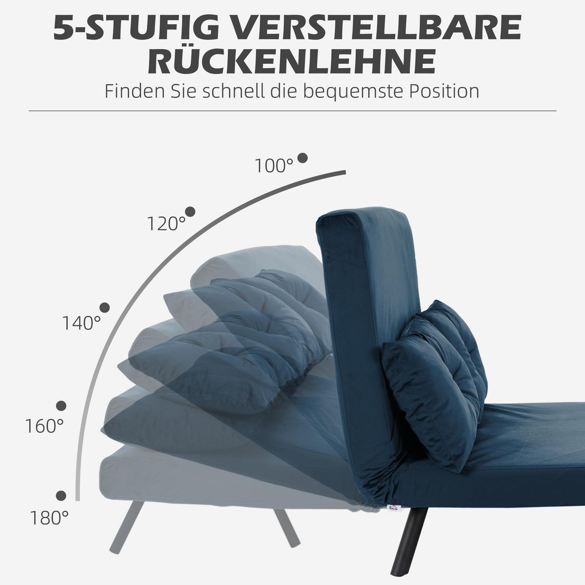 SCHLAFSOFA, Zweisitzer mit Bettfunktion, Schlafcouch mit Samtoptik, Rückenkissen - Blau/Schwarz, Holz/Textil (73/81/102cm) - HOMCOM