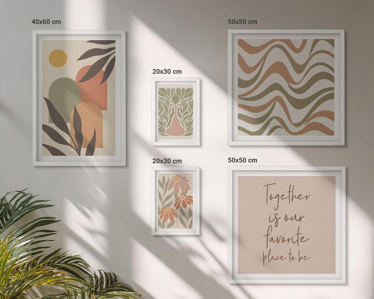 BILDER SET 5er Set - 50x50 cm & 20x30 cm & 40x60 cm Weißer Rahmen - Abstrakte Pastellblumen - Weiß, Kunststoff (40/60cm) - TULUP