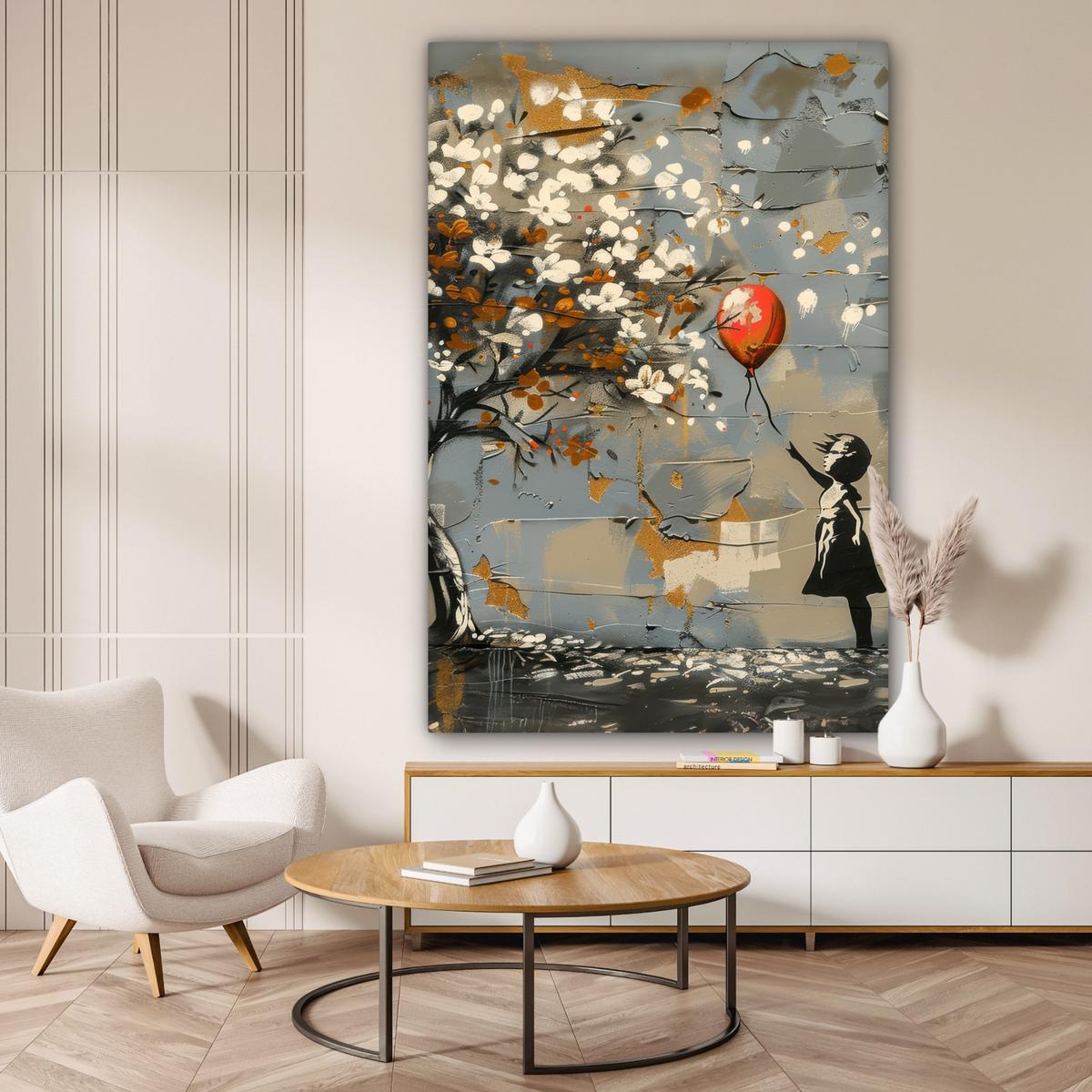 LEINWANDBILD Baum - Graffiti - Banksy-Stil - Ballon-Mädchen Deko Groß 90x140 cm - Blaugrau, Textil (90/140cm) - MuchoWow