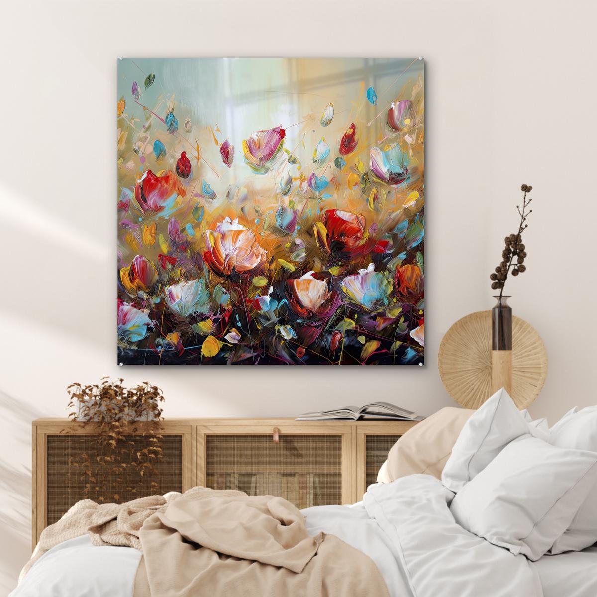 ACRYLGLASBILD Blumen - Kunst - Natur - Ölgemälde 90x90 cm - Multicolor, Glas (90/90cm) - MuchoWow