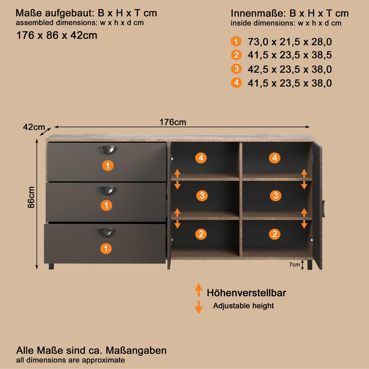 SIDEBOARD Bronze und Rostoptik 176 cm, Kommode mit Soft-Close - Rostfarben/Schwarz, Holzwerkstoff/Metall (176/86/42cm) - Top.Furn