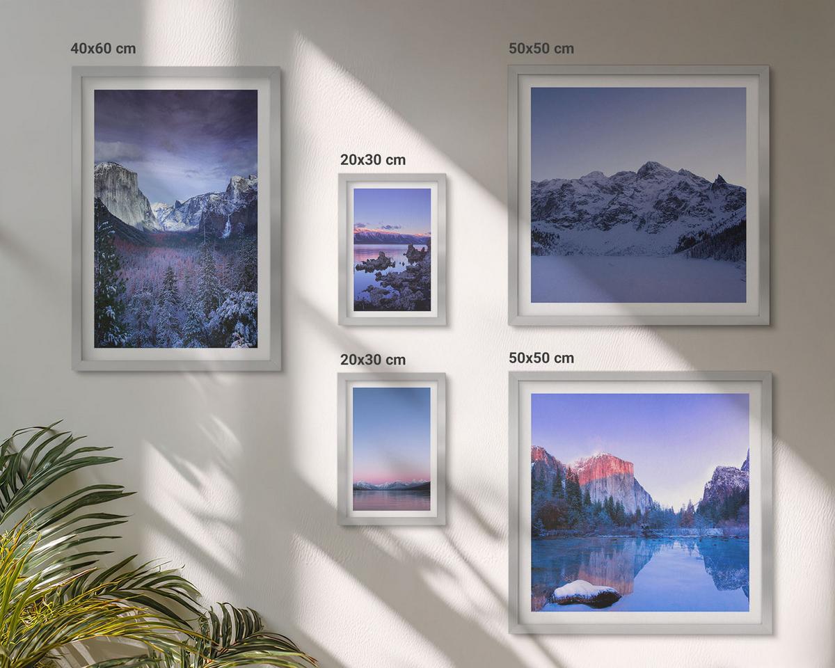 BILDER SET 5er Set - 50x50 cm & 20x30 cm & 40x60 cm Silberner Rahmen - Berglandschaften, Sonnenuntergang, Wasser - Silberfarben, Kunststoff (40/60cm) - TULUP