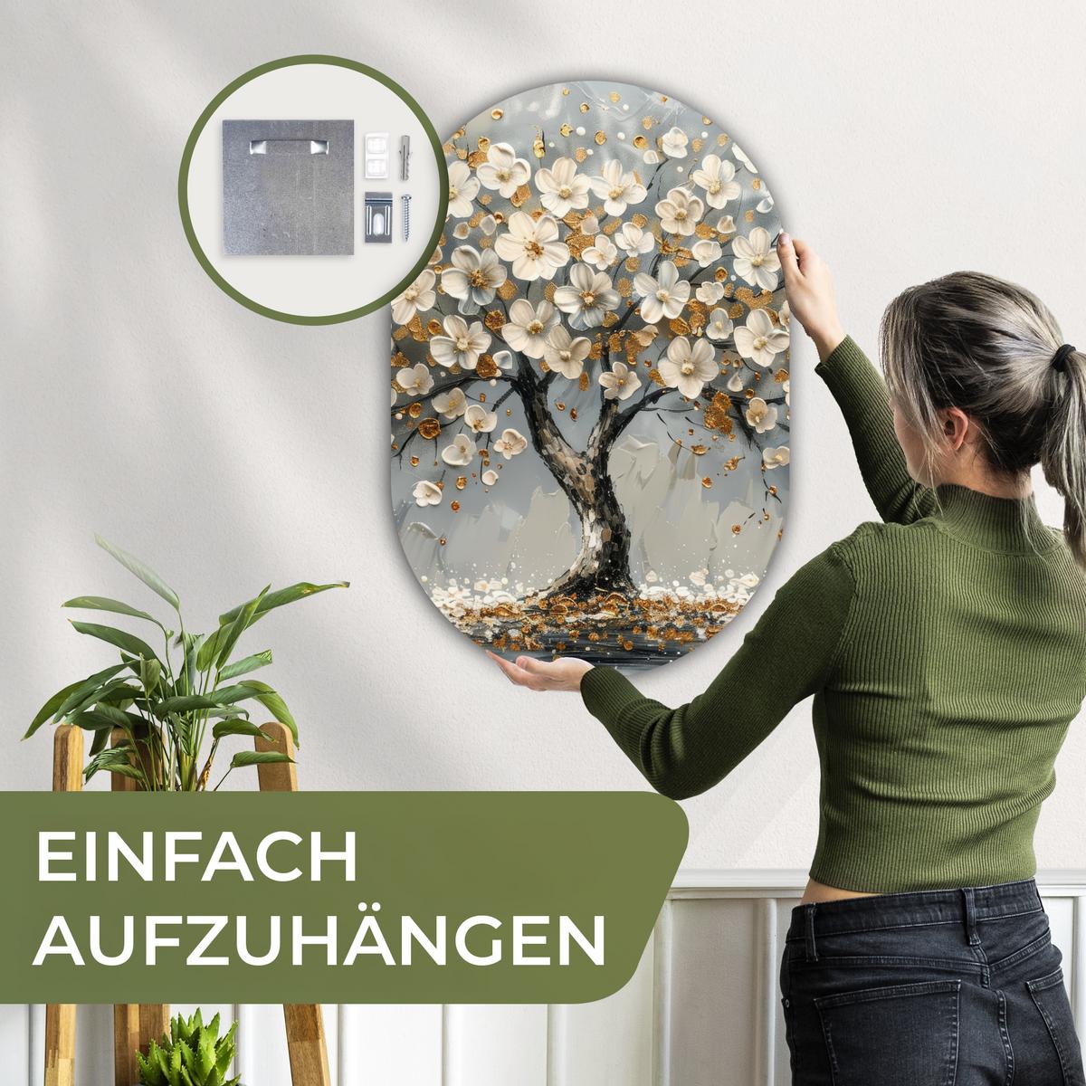WANDBILD Baum - Gold - Blumen - Abstrakt - Kunst Wanddeko Schlafzimmer 60x90 cm - Goldfarben, Kunststoff (60/90cm) - MuchoWow