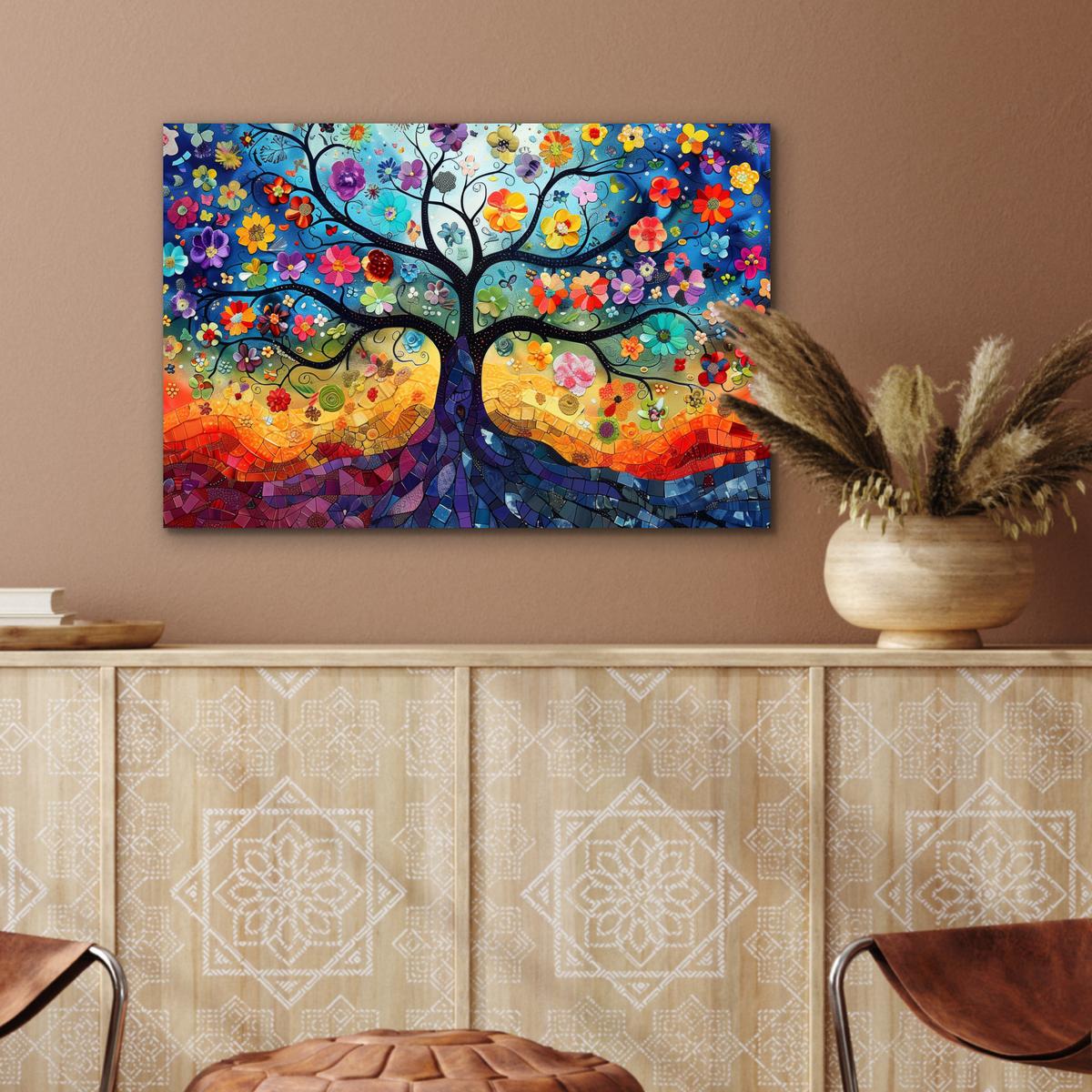 METALLBILD Kunst - Baum des Lebens - Blumen - Hippie Wandbild 60x40 cm - Dunkelblau, Metall (60/40cm) - MuchoWow