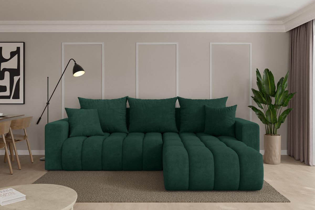 ECKSOFA mit Schlaffunktion Ottomane Rechts MILA-L-v1 277x195x86 Grün Velours - Schwarz/Grün, Holzwerkstoff/Kunststoff (277/194cm) - ALTDECOR