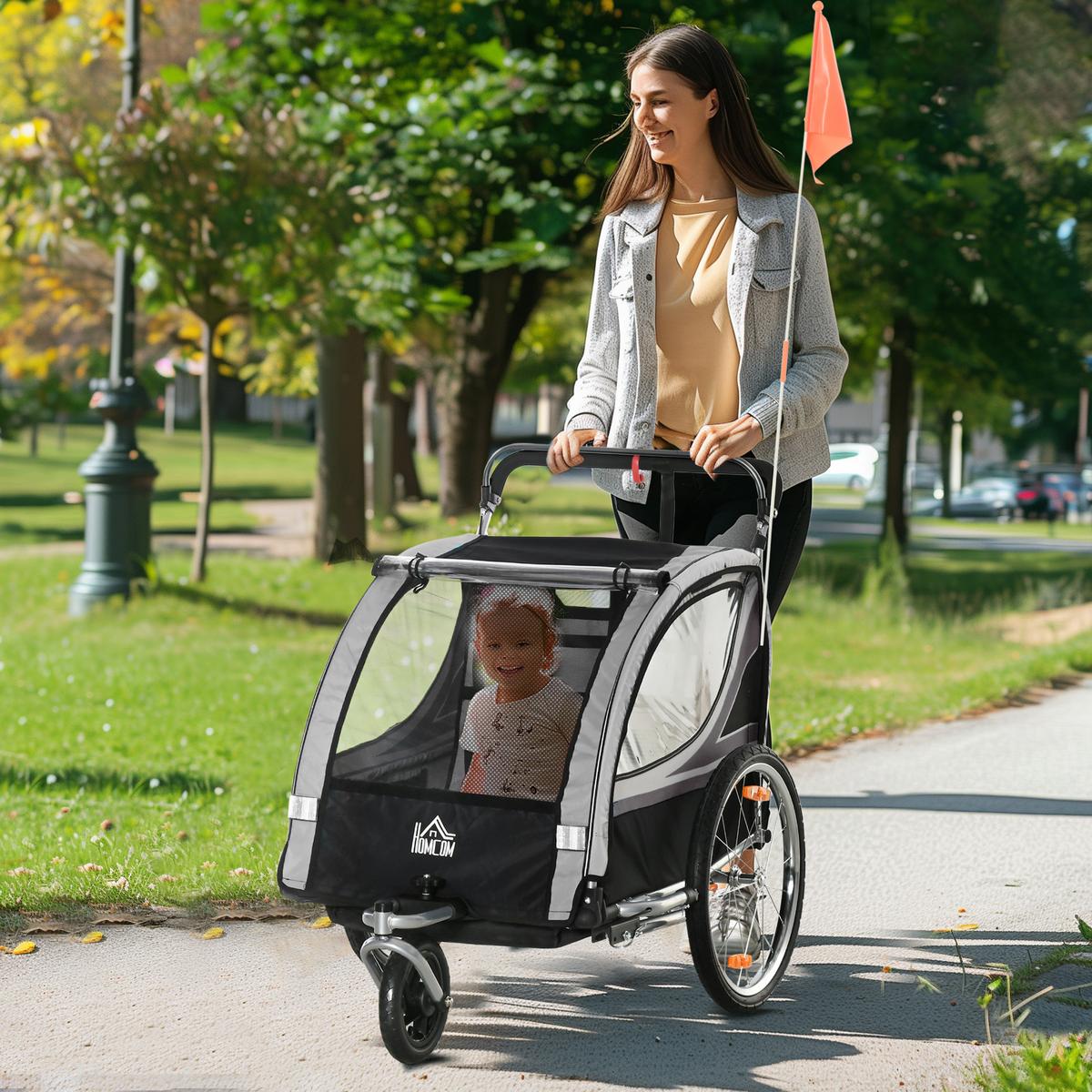 KINDERFAHRRADANHÄNGER, Stahl, Polyester, Grau+Schwarz - Grau, Kunststoff (75/101/142cm) - HOMCOM