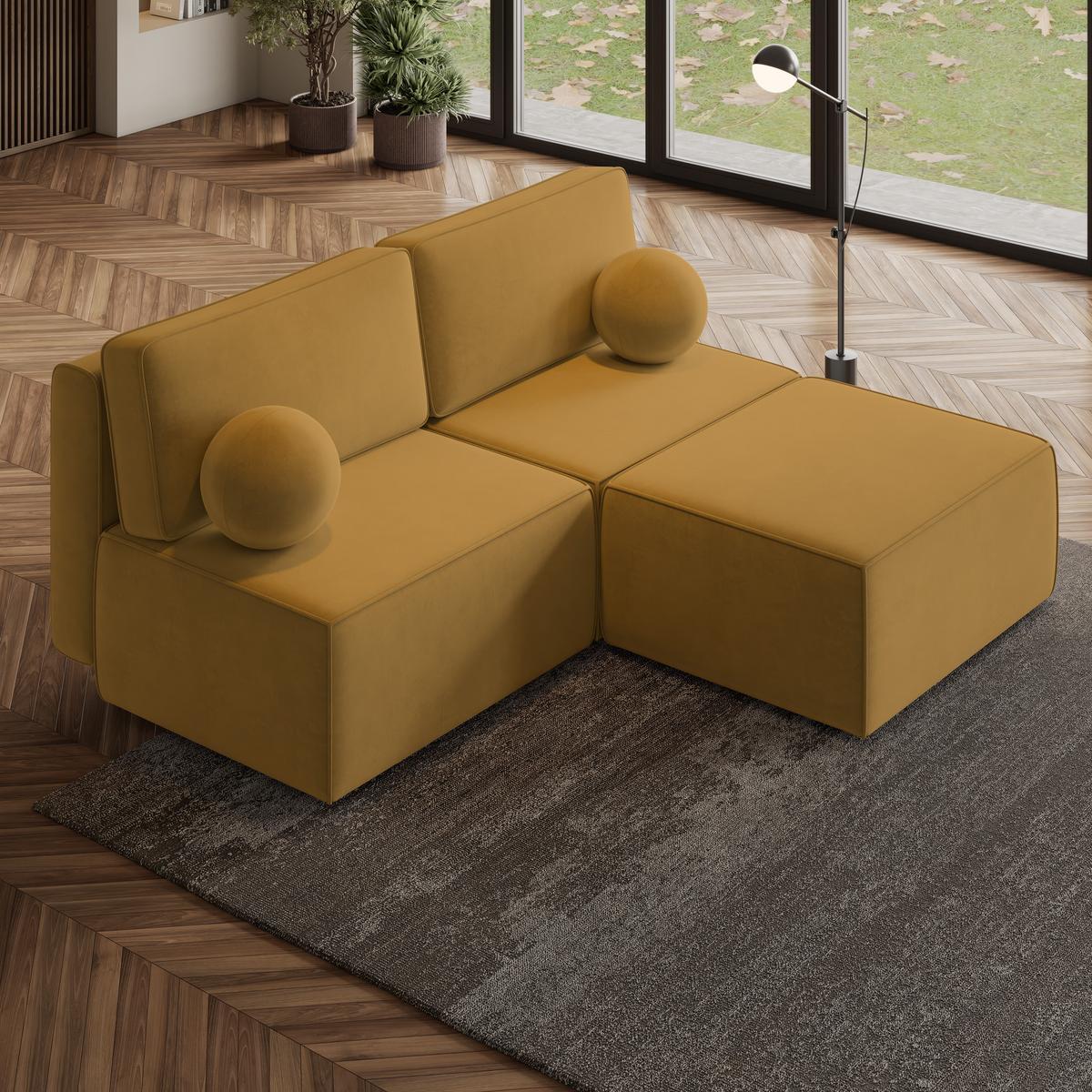 ECKSOFA VARNA M Gelb Velours-Stoff mit Schlaffunktion - Gelb/Grau, Holz/Kunststoff (196/158cm) - MASSENO