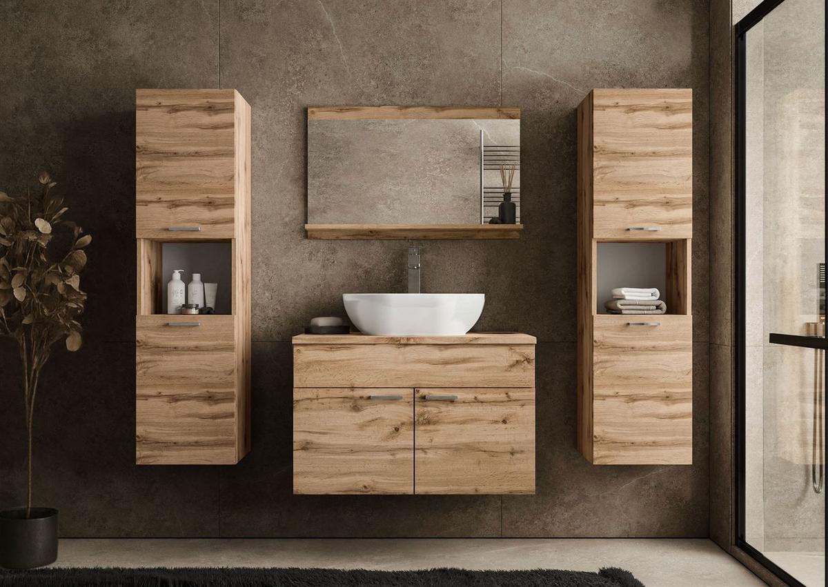 BADMÖBEL-SET LUMIRE LOFT III Wotan Eiche mit Spiegel - Braun, Holzwerkstoff (80/52/46cm) - Lookway