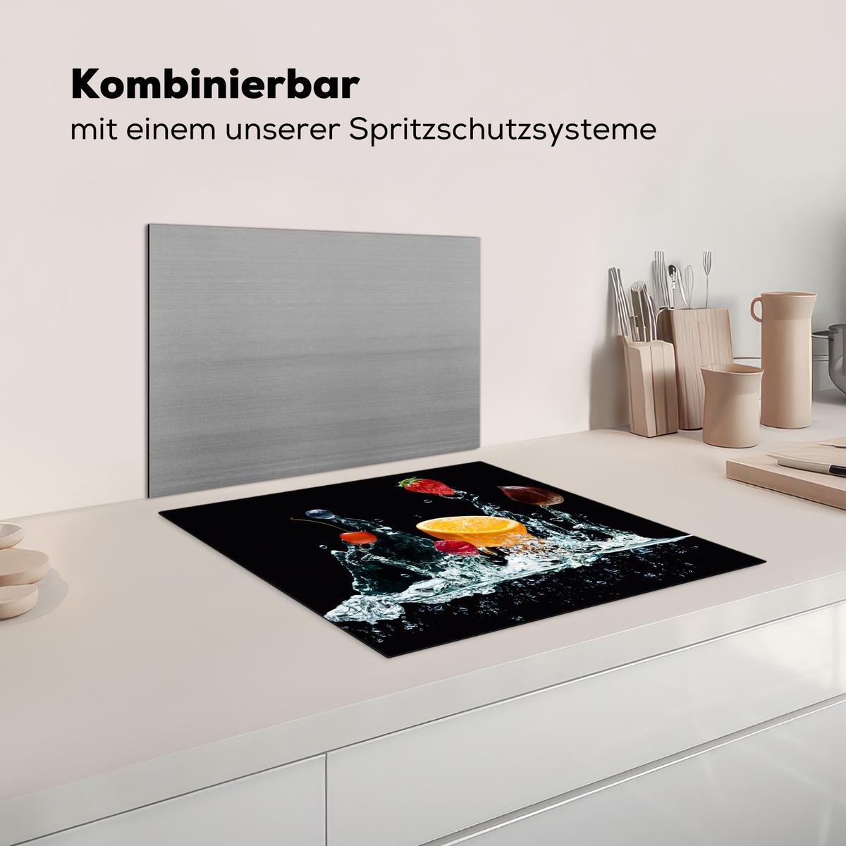HERDABDECKPLATTE Wasser - Obst - Orange - Erdbeere - Kirsche - Schwarz Herdabdeckung Induktionsfeld 60x52 cm - Orange, Kunststoff (60/52/0.2cm) - MuchoWow