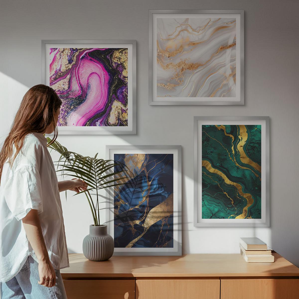 BILDER SET 4er Set - 50x50 cm & 40x60 cm Silberner Rahmen - Abstrakter Marmor mit Farben - Silberfarben, Kunststoff (50/50cm) - TULUP