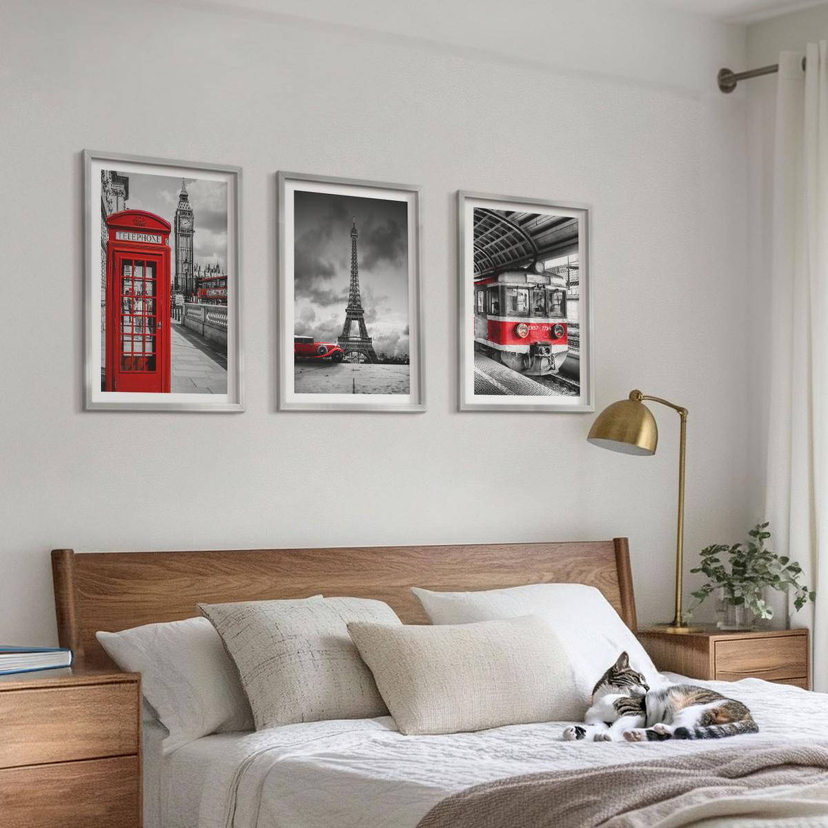BILDER SET 3er Set - 40x60 cm Silberner Rahmen - Ikonen London Paris Verkehr - Silberfarben, Kunststoff (40/60cm) - TULUP