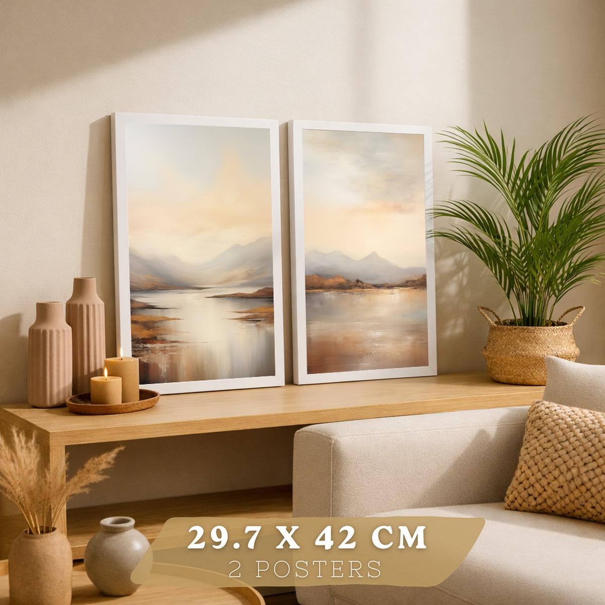 POSTER 2er-Set Wandbilder Sonnenaufgang modern Wohnzimmer Deko, Schlafzimmer, Küche, Badezimmer Weißer Rahmen A3 - Weiß, Papier (29.7/1/42cm) - Nacnic