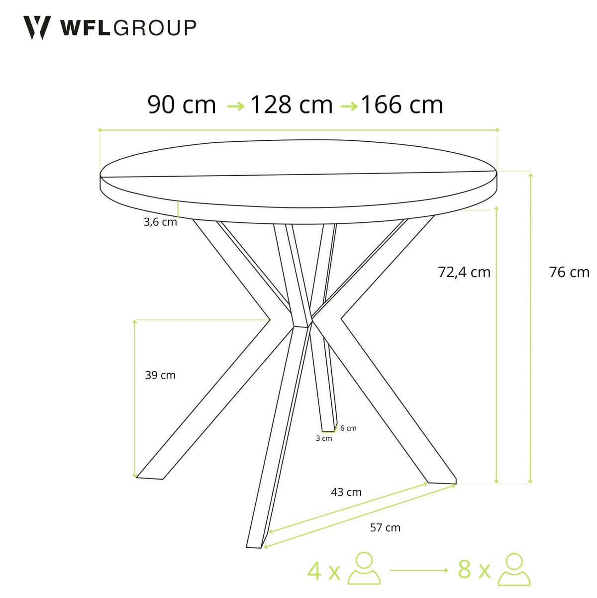 ESSTISCH Dina runder ausziehbarer, Lancelot Eiche 90-170/90/76 cm - Eichefarben/Goldfarben, Holzwerkstoff/Metall (90/170/76cm) - WFL GROUP