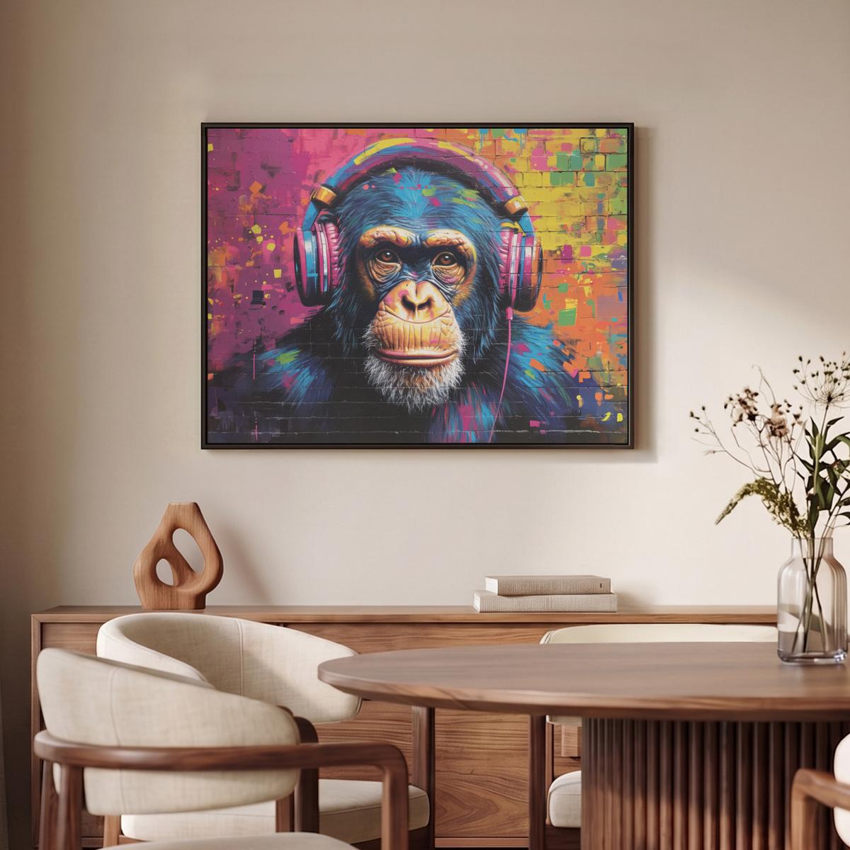 LEINWAND Bilder mit Rahmen - Graffiti - Schimpanse - Straßenkunst - Kopfhörer - Affe - 70x50 - Blau, Textil (70/50cm) - MuchoWow
