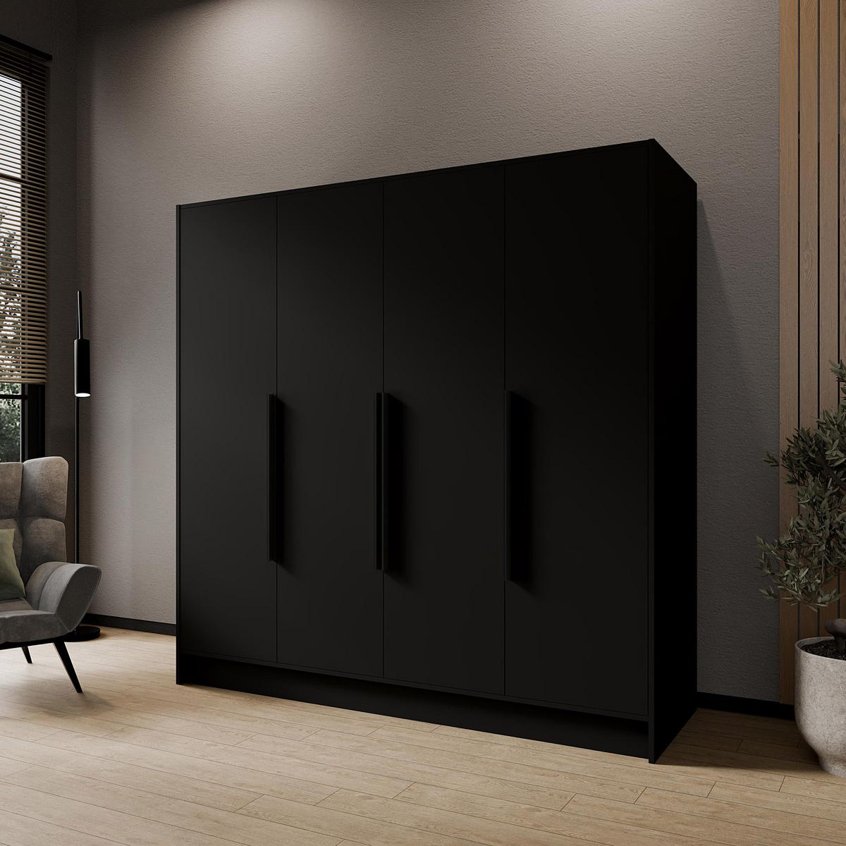 DREHTÜRENSCHRANK Pavia ohne Spiegel, Schwarz mit mit schwarzen Griffen, 200 cm - Schwarz, Holzwerkstoff (200/200/51cm) - Beautysofa