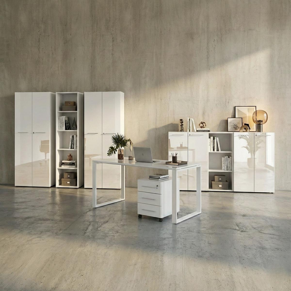 BÜRO-SET MUENCHEN 8-teilig Weiß | Glas & Abschließbar & Soft-Close - Weiß, Holzwerkstoff/Metall (80/575/196cm) - KADIMA DESIGN