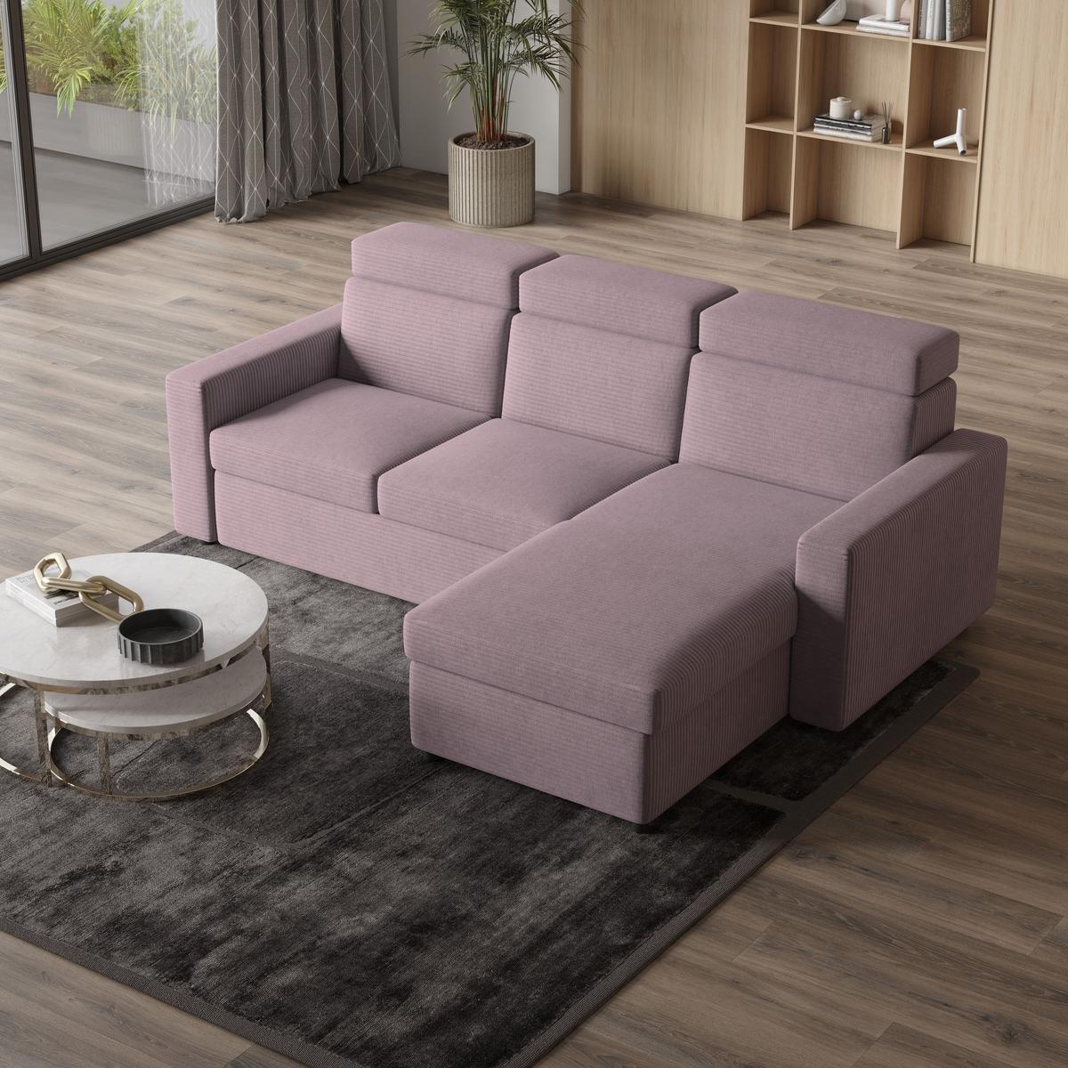 ECKSOFA PADWA Lila Kordstoff mit Schlaffunktion - Lila/Schwarz, Holz/Kunststoff (227/168cm) - MASSENO