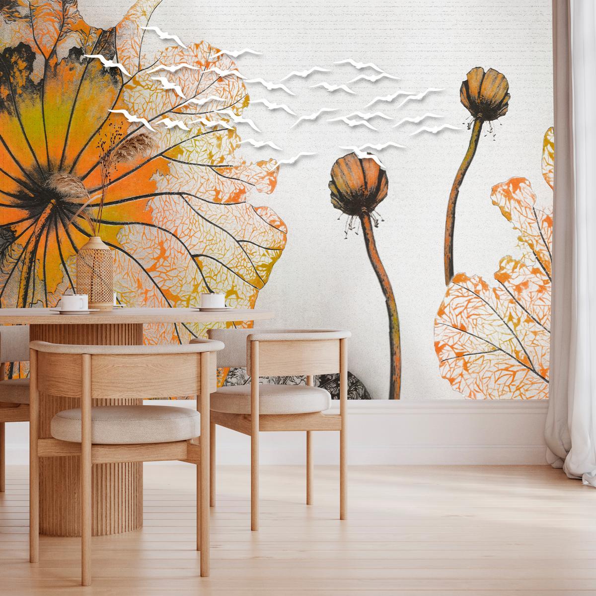 FOTOTAPETE für Esszimmer Große Abstrakte Orange Blumen Blätter 400x280 - Gelb/Orange, Papier (400/280cm) - Muralo