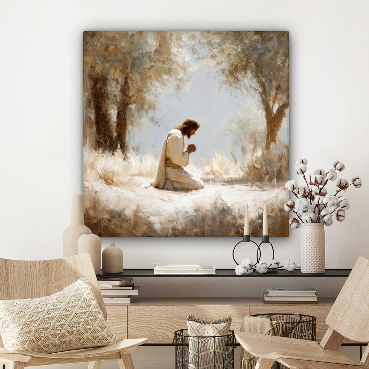LEINWANDBILD Jesus - Kniend - Waldlandschaft - Betend Deko Groß 90x90 cm - Beige/Hellblau, Textil (90/90cm) - MuchoWow