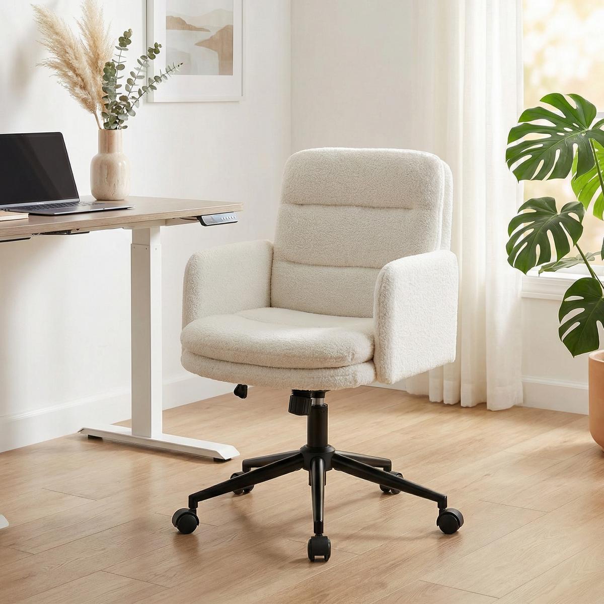 SCHREIBTISCHSTUHL höhenverstellbar Homeoffice Stuhl mit Bouclé-Optik, Cremeweiß - Creme/Schwarz, Textil/Metall (61.5/101/65cm) - HOMCOM
