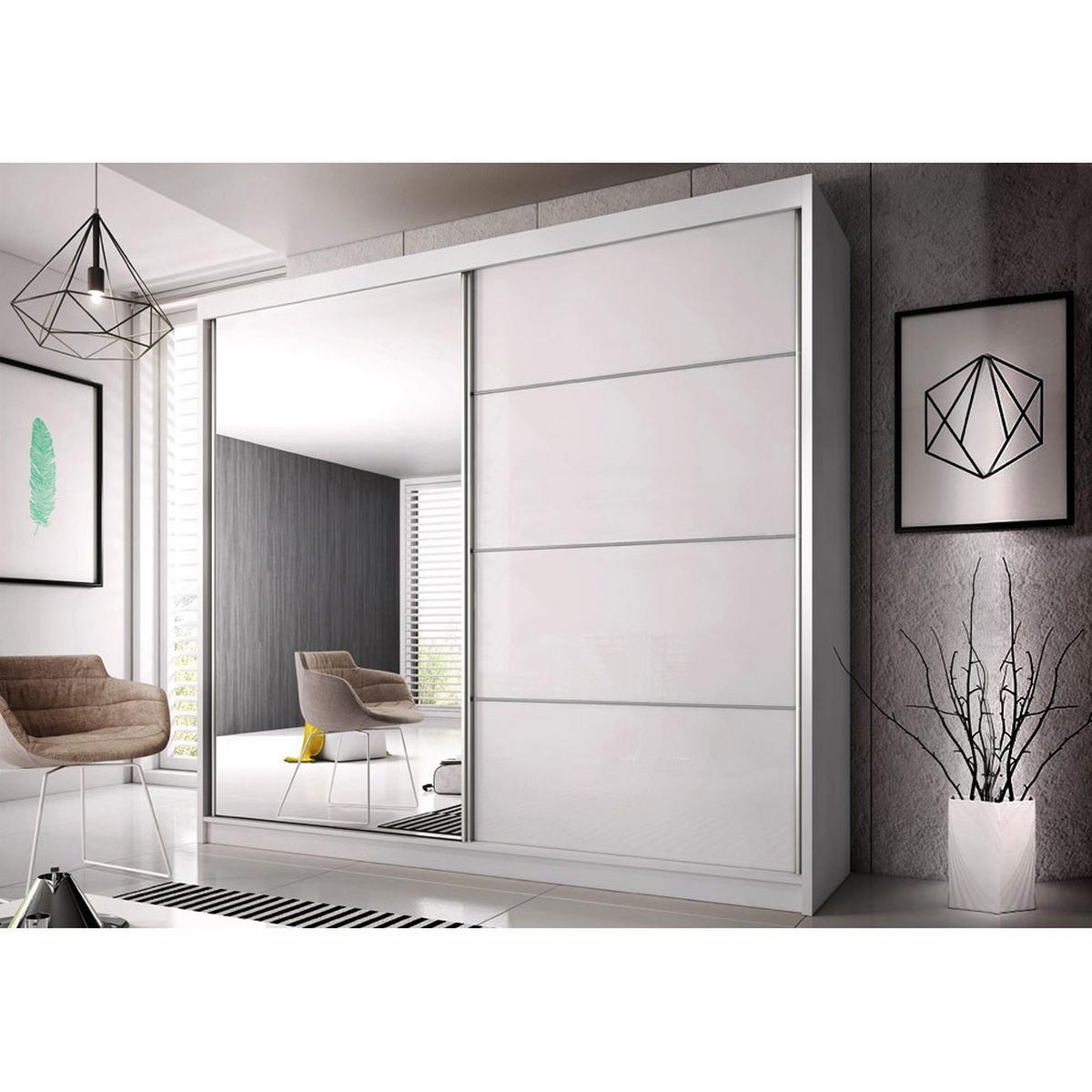 SCHWEBETÜRENSCHRANK 203/218/61 cm Multi 35 Weiß/Weiß Semigloss + Spiegel, mit LED-Beleuchtung - Alufarben/Weiß, Glas/Holzwerkstoff (203/218/61cm) - imoebel24