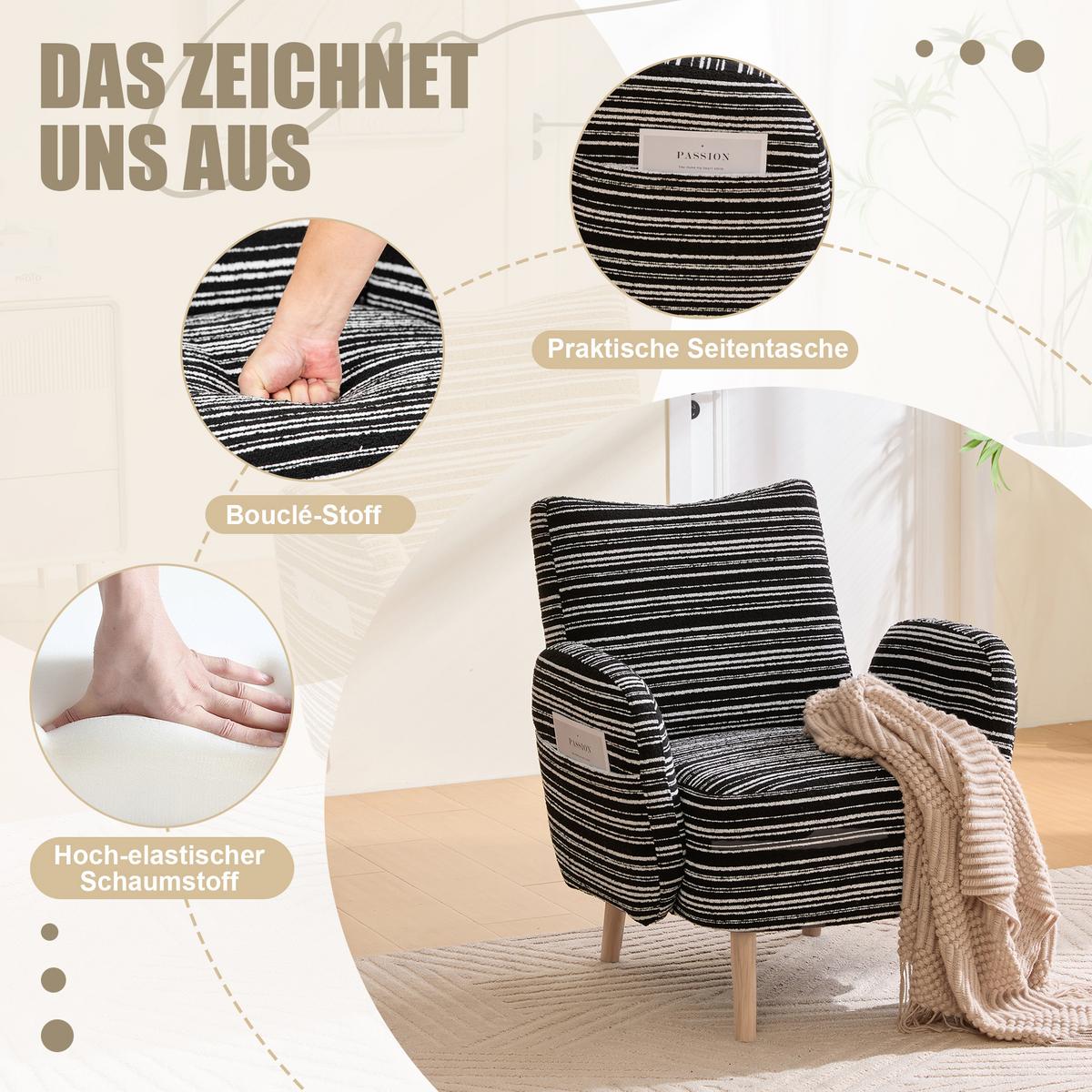 SESSEL boucle stoff modern mit seitentasche holzbeine - Schwarz, Textil (77/87/81cm) - Urban Meuble