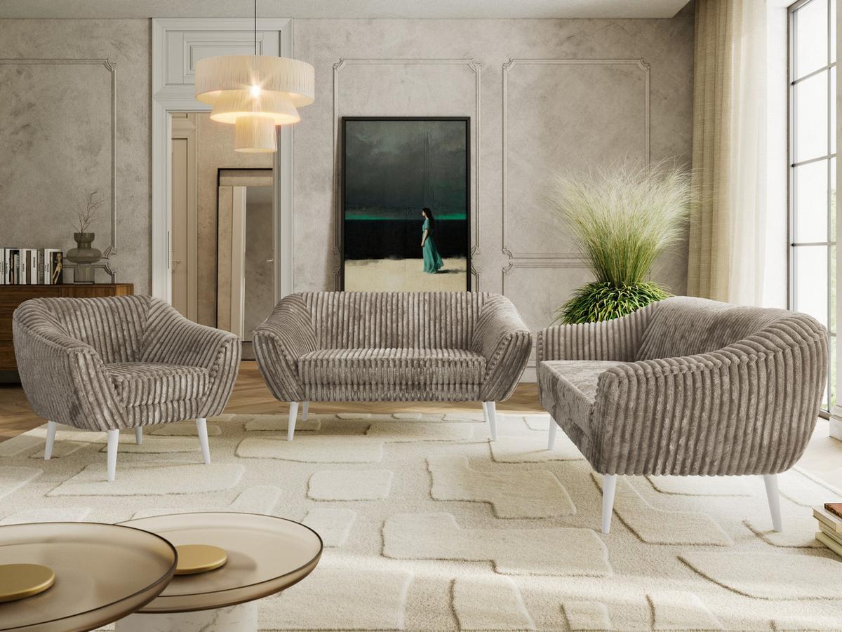 SITZGARNITUR PIRS 3+2+1 - Hellbraun Cord - Weiße Beine - Hellbraun/Weiß, Holzwerkstoff/Textil (180/75/74cm) - MKS