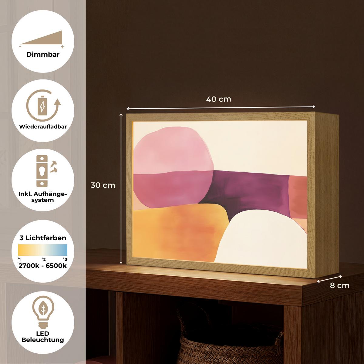 WANDLEUCHTE MIT AKKU Formen - Abstrakt - Farbenfroh 40x30 cm - Rosa, Holzwerkstoff (40/30/8cm) - OnlyWow