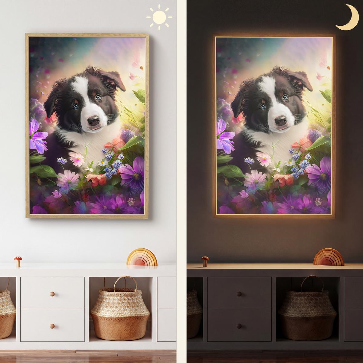 WANDLEUCHTE MIT AKKU Welpe - Sonne - Blumen - Natur - Border Collie - Hund 60x90 cm - Violett, Holzwerkstoff (60/90/8cm) - OnlyWow