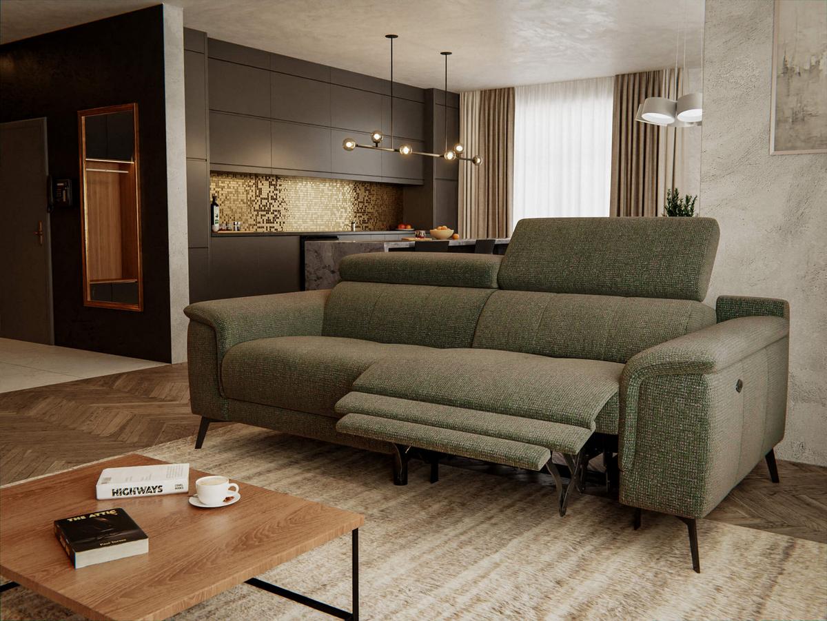 RELAXSOFA FIERO 3-Sitzer mit 1 Relaxfunktion, olivgrün - Schwarz/Olivgrün, Holzwerkstoff/Textil (212/82/103cm) - Wozimo