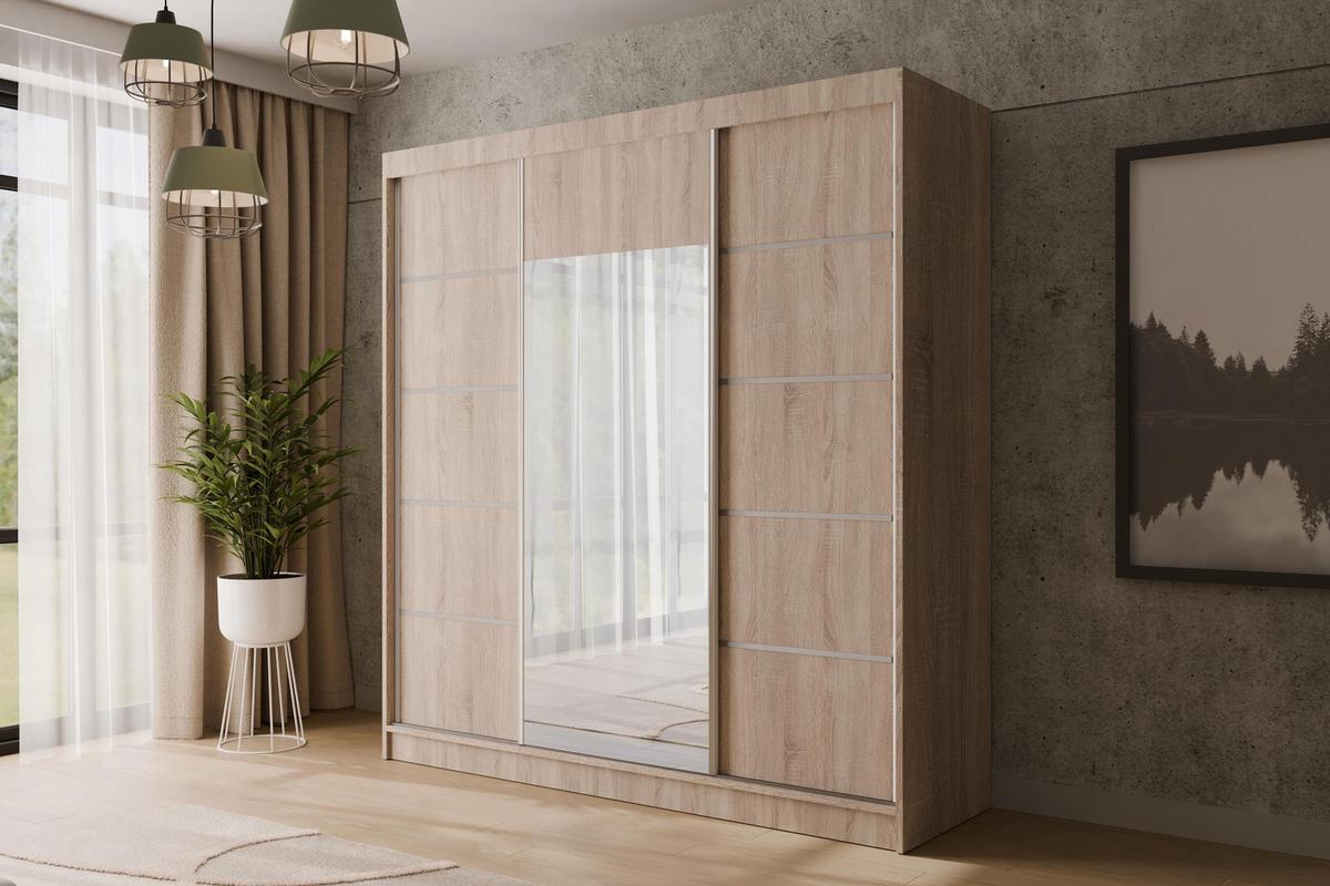 KLEIDERSCHRANK mit Spiegel V2-LINEA 215x200 cm Sonoma - Sonoma Eiche, Holzwerkstoff (200/215/61cm) - ALTDECOR