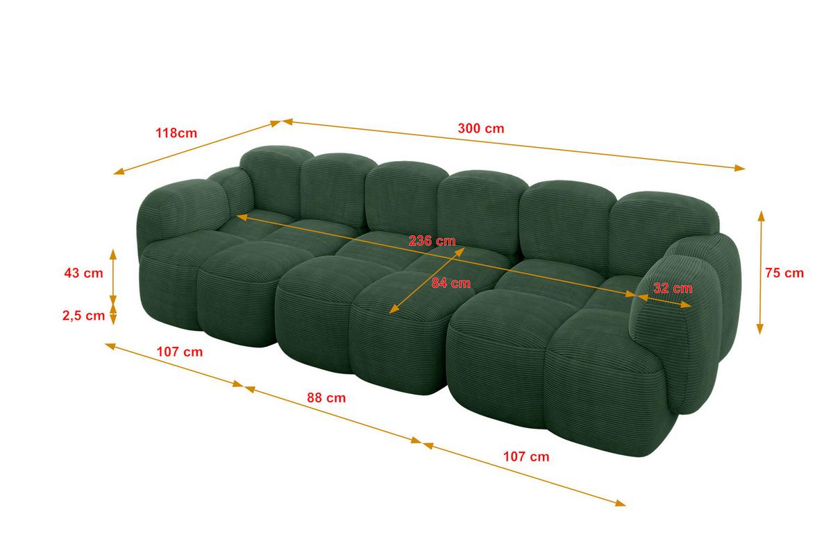 3-SITZER modulares Sofa Miko-S2 300x118x75 cm Grün Cord - Waldgrün/Schwarz, Holzwerkstoff/Kunststoff (300/75/118cm) - ALTDECOR