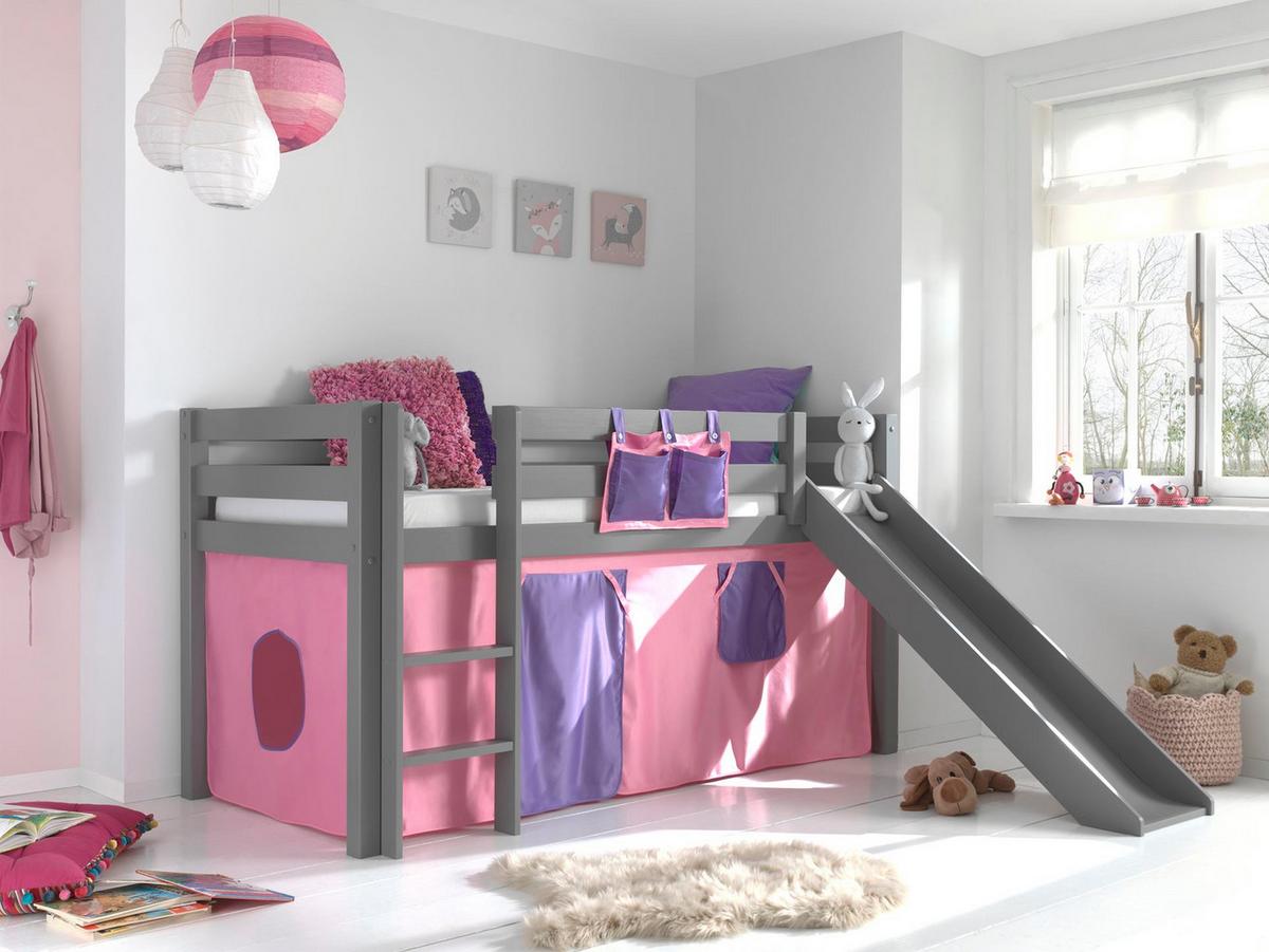 HOCHBETT mit Rutsche Karolina Massivholz Grau Textilset Bella - Violett/Grau, Holz (90/200cm) - 58aufmkessel