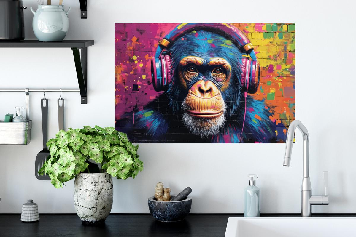 WANDTATTOO Graffiti - Schimpanse - Straßenkunst - Kopfhörer - Affe Deko Wohnzimmer 60x40 cm - Blau, Kunststoff (60/40/0.1cm) - MuchoWow
