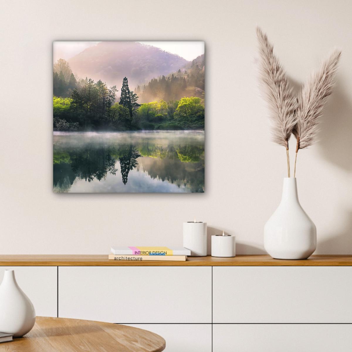 LEINWANDBILD Natur - Bäume - Berge - See - Wasser Wandbild Wohnzimmer 50x50 cm - Hellgrün, Textil (50/50cm) - MuchoWow
