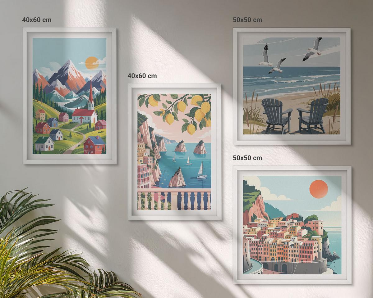 BILDER SET 4er Set - 50x50 cm & 40x60 cm Weißer Rahmen - Farbenfrohe Berge und Küstenstädte - Weiß, Kunststoff (50/50cm) - TULUP