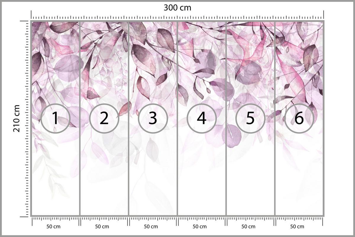 FOTOTAPETE für Schlafzimmer Aquarell Zarte Rosa Blätter Botanisch 300x210 - Violett/Weiß, Papier (300/210cm) - Muralo