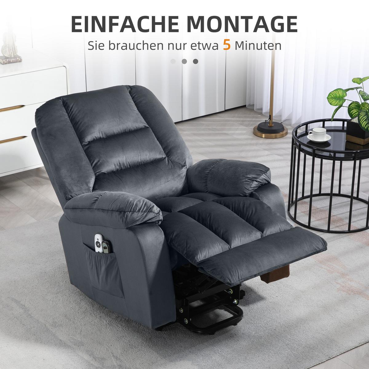 FERNSEHSESSEL mit Aufstehhilfe Elektrisch, Relaxsessel mit Liege-, Heizfunktion - Schwarz/Grau, Textil/Metall (94/107/85cm) - HOMCOM