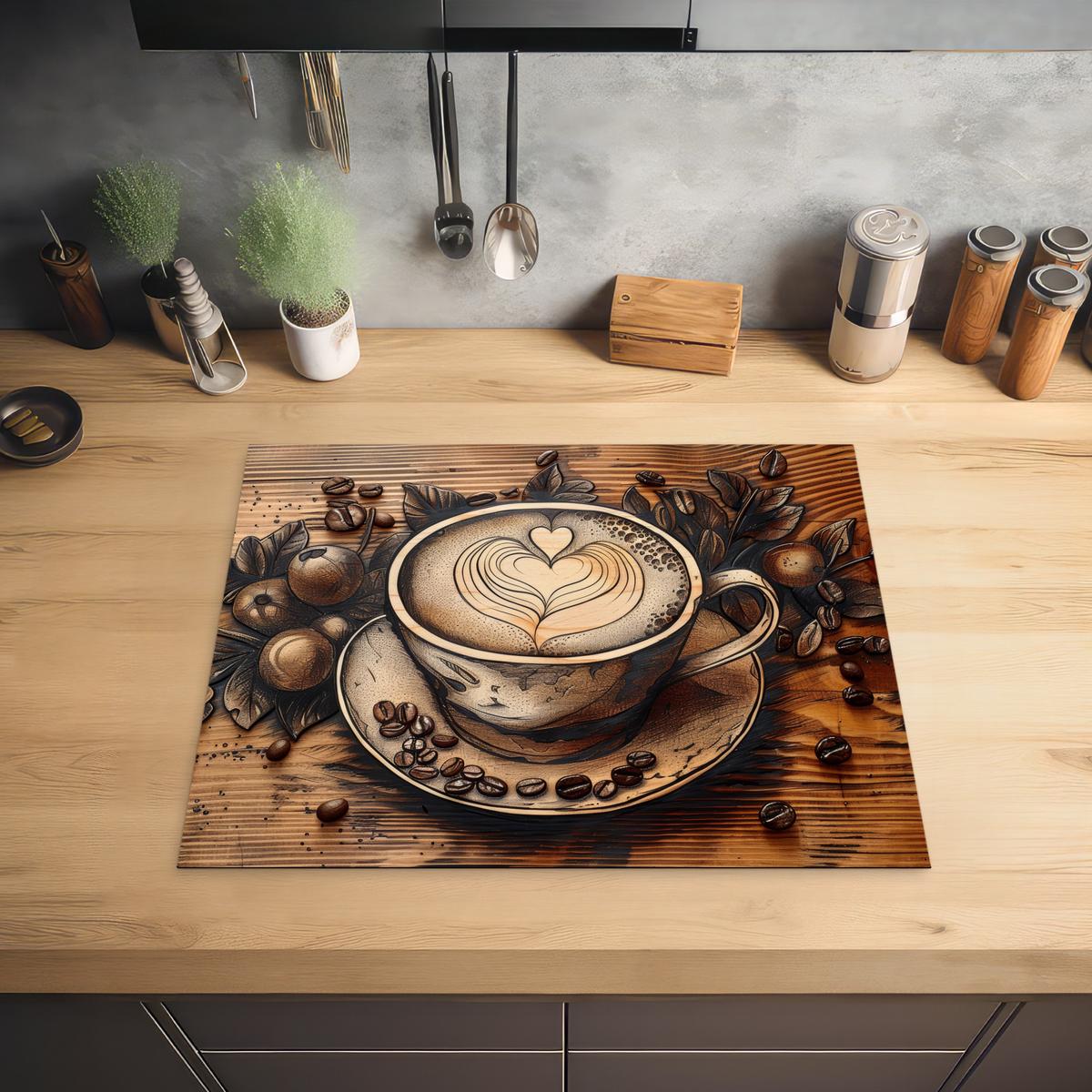 HERDABDECKPLATTE Kaffee - Vintage - Braun - Tasse - Holz Herdabdeckung Induktionsfeld 65x52 cm - Cappuccino, Kunststoff (65/52/0.2cm) - MuchoWow