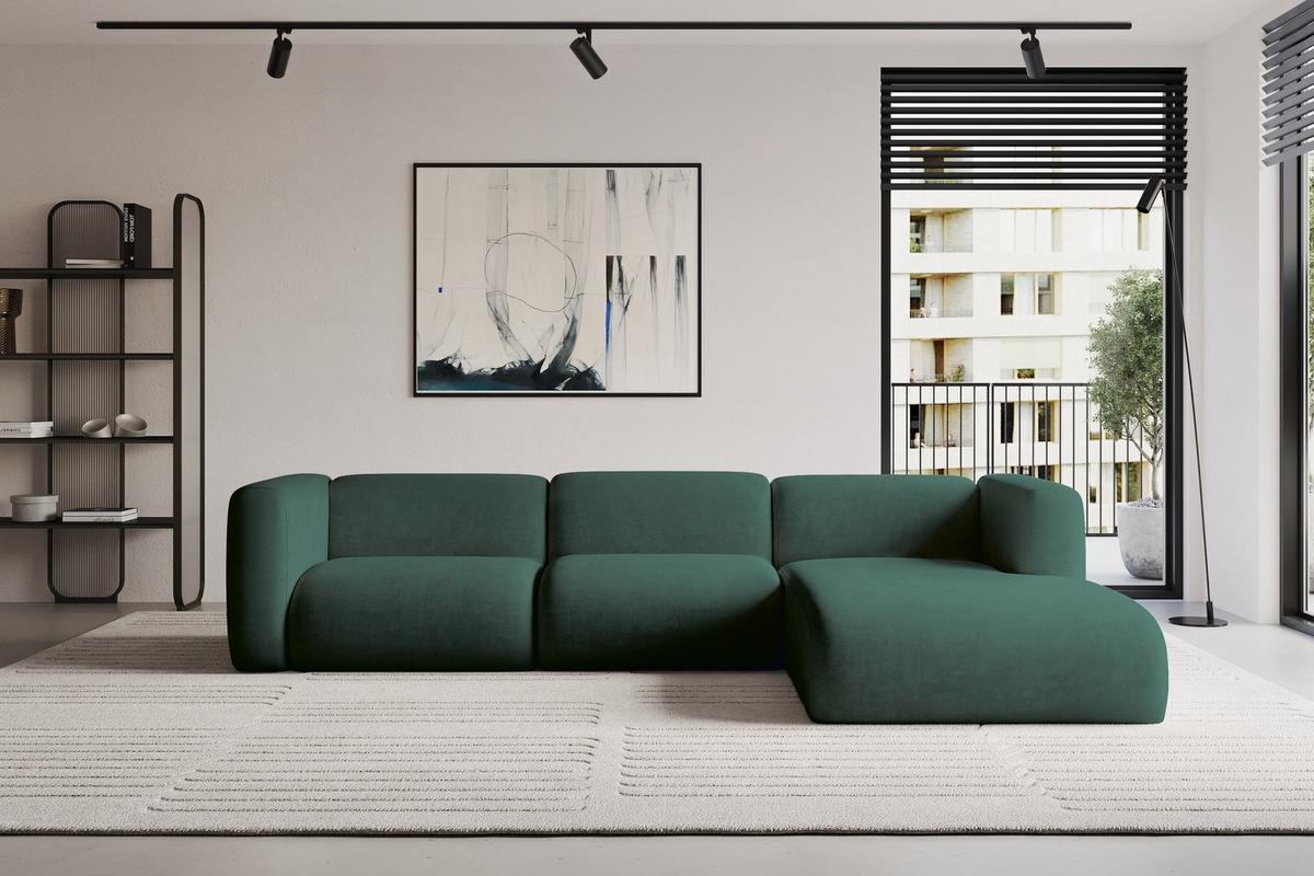 ECKSOFA Ottomane Rechts MIRA-L2 318x179x89 Grün Velours - Dunkelgrün/Schwarz, Holzwerkstoff/Kunststoff (318/179cm) - ALTDECOR