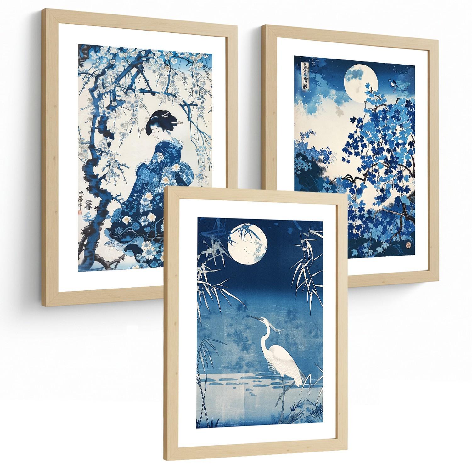 POSTER 3er Bilder-Set Wandbilder Japan Stil modern Wohnzimmer Deko, Schlafzimmer, Küche, Badezimmer Leichter Holzrahmen A3 - Beige, Papier (29.7/1/42cm) - Nacnic