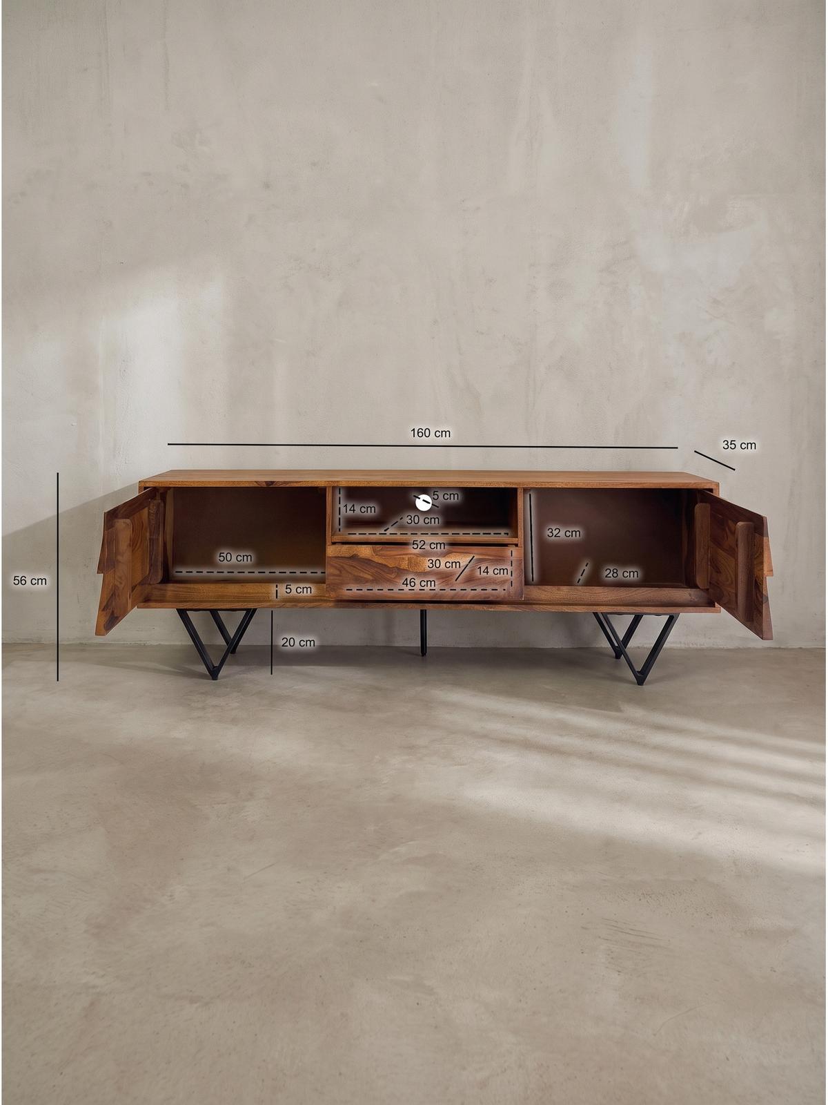 LOWBOARD AREZZO, Dunkles Massivholz, mit Stauraum, 160 x 35 x 56 cm - Schwarz/Braun, Holz/Metall (160/56/35cm) - KADIMA DESIGN