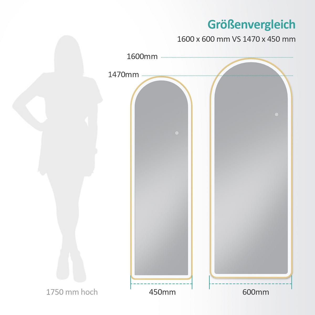 STANDSPIEGEL mit Beleuchtung und Rahmen Gold 147/45 cm - Goldfarben, Glas/Metall (45/147/147cm) - EMKE