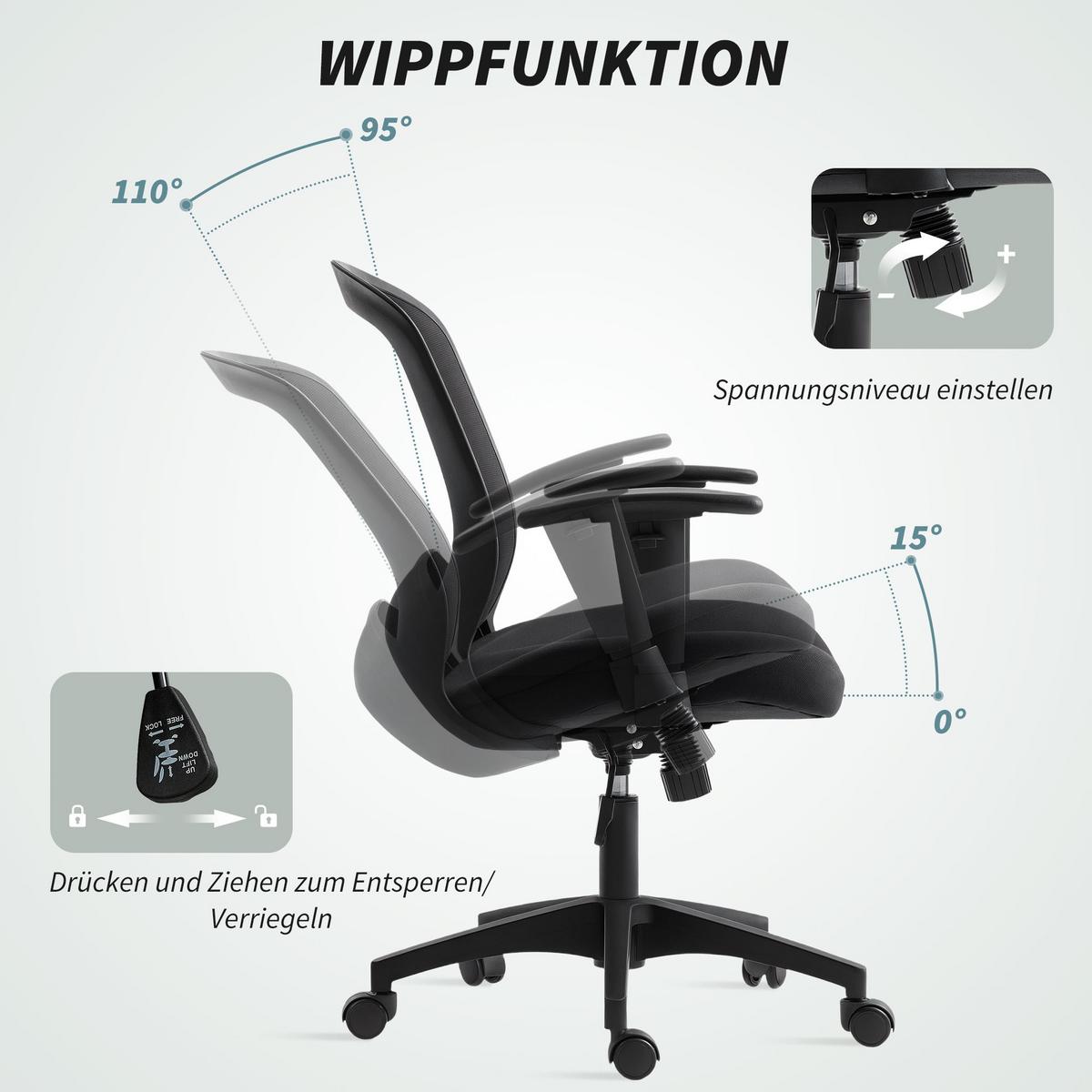 NETZ-BÜROSTUHL Verstellbarer Schreibtischstuhl mit Netzstoff-Rückenlehne Schwarz - Schwarz, Textil (59/102.5/65cm) - HOMCOM