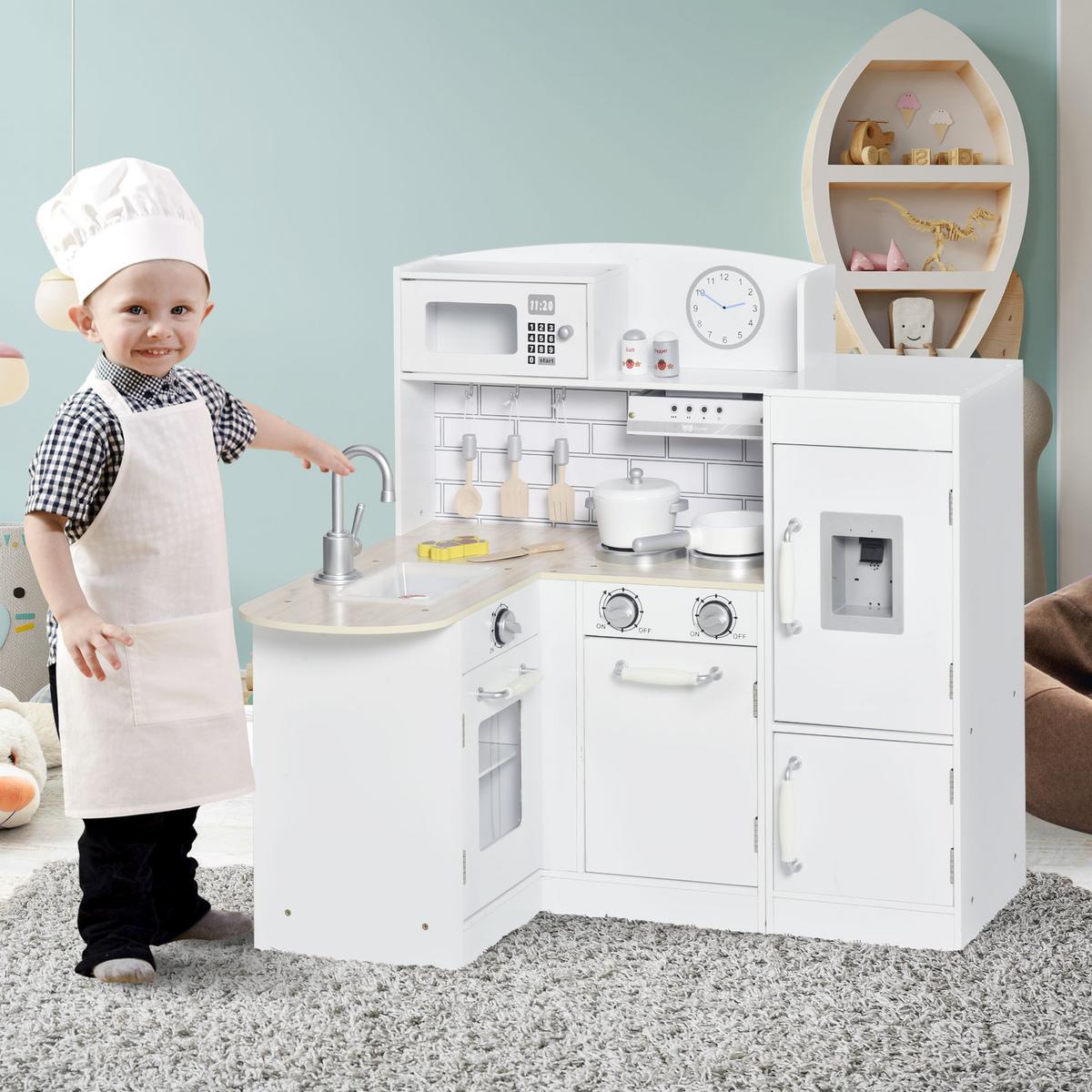 KINDERKÜCHE Spielküche mit elektronischem Wasserspender, Backofen, Weiß - Weiß, Holzwerkstoff (86/64/84.5cm) - HOMCOM