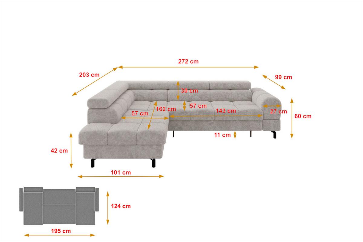 ECKSOFA mit Schlaffunktion Ottomane Links LUMA-L 272x203x70 Hellgrau Velours - Hellgrau/Schwarz, Holzwerkstoff/Kunststoff (272/203cm) - ALTDECOR