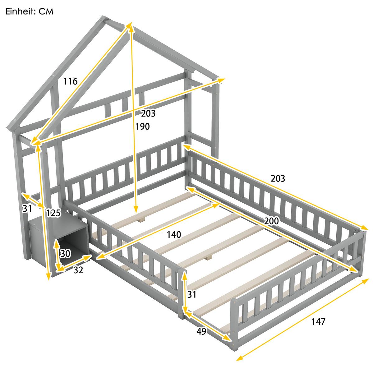 KINDERBETT 140x200 cm Hausbett Grau – Massivholz Bett mit Geländer & Nachttisch - Grau, Holz - Urban Meuble