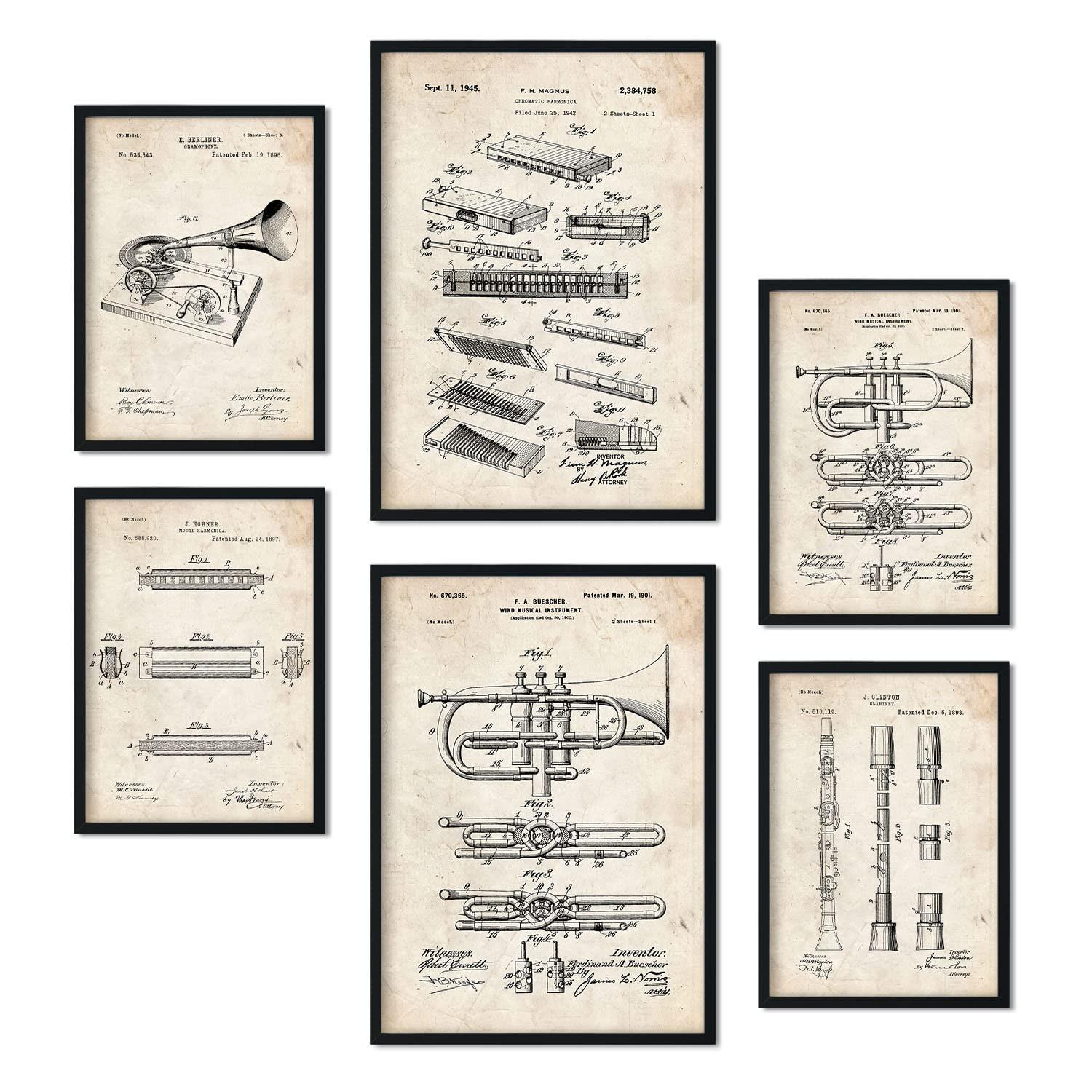 POSTER Set Mit 6 Plakaten Mit Blasinstrument Patenten Im Vintage Stil A3 & A4 Schwarzer Rahmen - Schwarz, Papier (29/3cm) - Nacnic