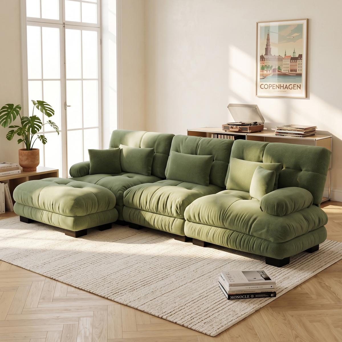 ECKSOFA Modulares 313cm Chenille Cloud-Sofa mit Ottoman für das Wohnzimmer - Grün, Textil (313/145cm) - Urban Meuble