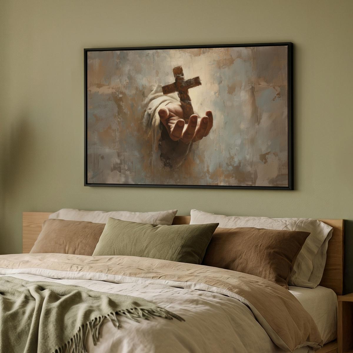 LEINWAND Bilder mit Rahmen - Abstrakt - Kreuz - Hand - Christentum - 90x60 - Hellbraun, Textil (90/60cm) - MuchoWow